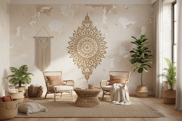 Ambiente boho chic con parete délabré chiara e stencil effetto legno
