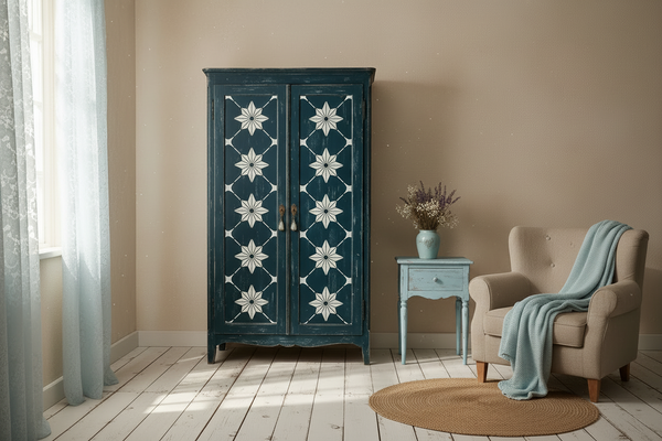 Armadio shabby chic blu in ambiente con accenti azzurri