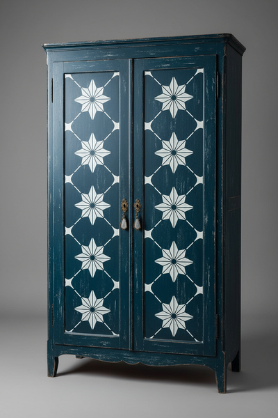 Armadio shabby chic blu scuro con stencil geometrico bianco