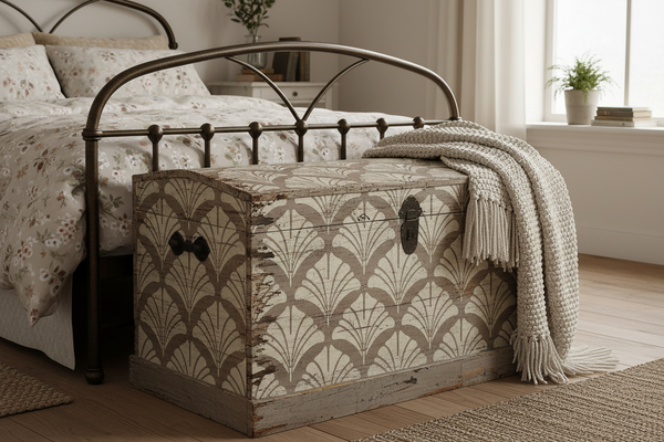 Baule antico shabby chic con decoro crema