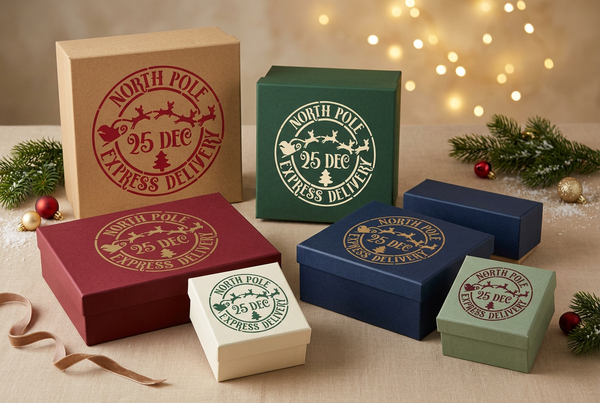Collezione di scatole natalizie di dimensioni e colori diversi con stencil North Pole coordinato