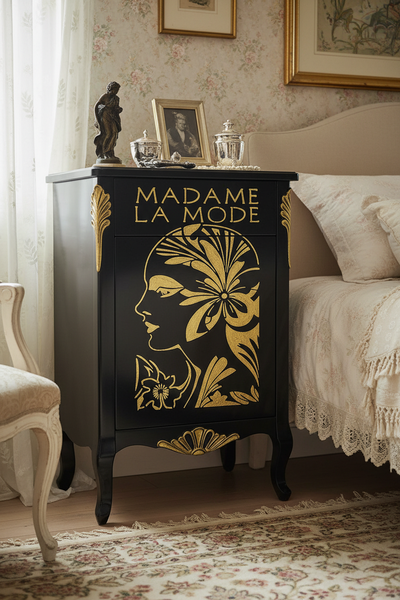 Comodino nero con stencil Madame La Mode completo