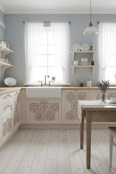 Cucina shabby chic con stencil esagonali aggiornati