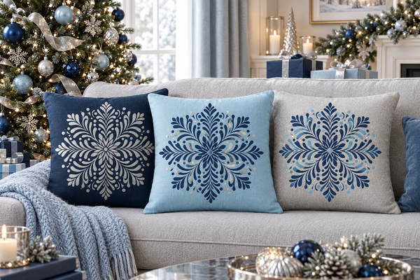 Cuscini con stencil in un ambiente natalizio blu scuro, azzurro e argento
