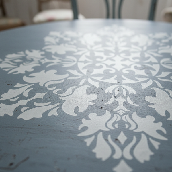 Dettaglio decoro tavolo rotondo con pennellate