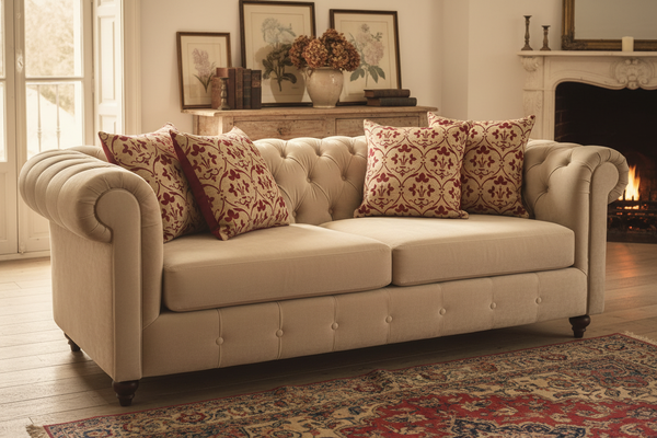 Divano capitonné con cuscini decorati