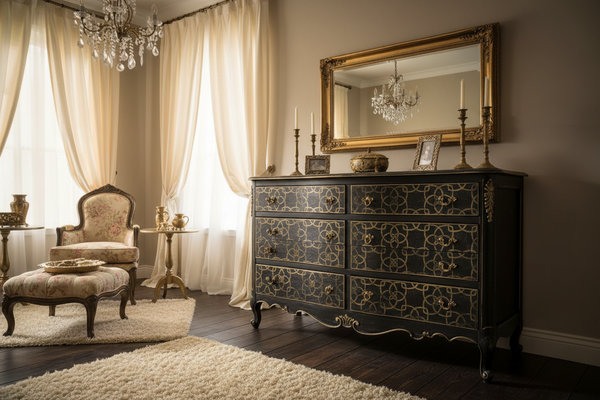 Mobile shabby chic nero e oro con texture piccola