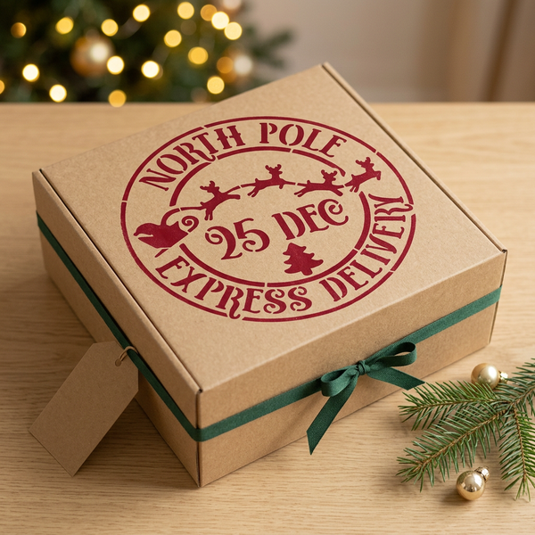 Packaging natalizio in cartone kraft con stencil North Pole rosso e nastro verde abete