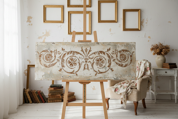 Pannello delabrè orizzontale su cavalletto in ambiente shabby vintage
