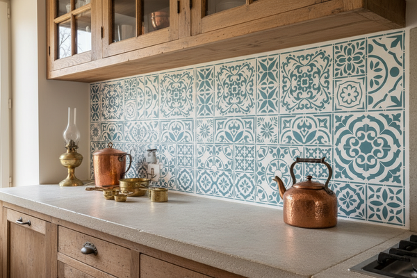 Paraschizzi cucina stencil azzurro cielo su bianco