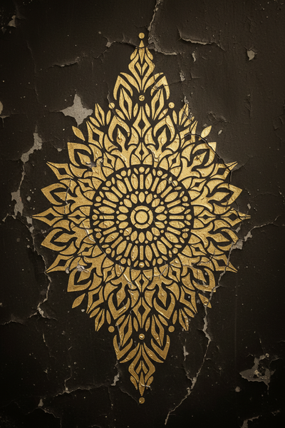 Parete délabré nera con stencil oro vintage