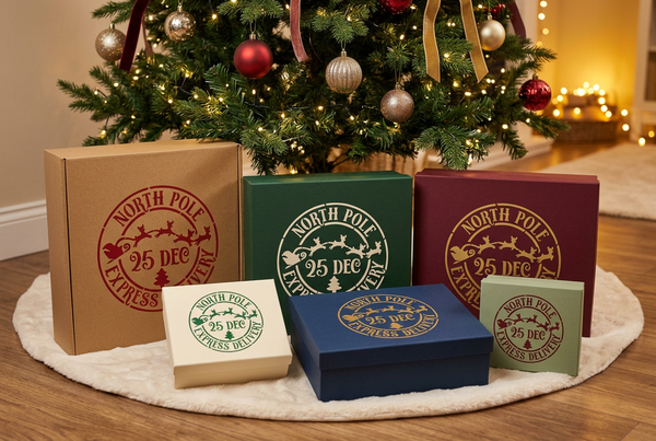 Scatole regalo con stencil North Pole sotto un albero di Natale illuminato