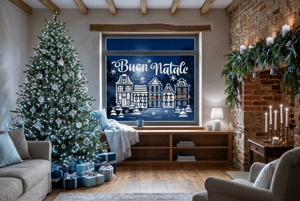 Stanza natalizia nei toni del bianco, azzurro, blu e argento, con stencil bianco sulla finestra