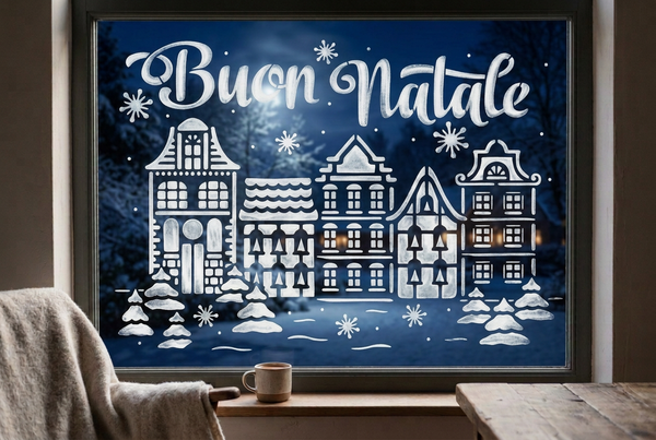 Stencil bianco sul vetro con effetto dipinto a mano e paesaggio notturno