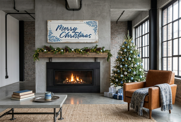 Targa Merry Christmas in un ambiente moderno industriale natalizio