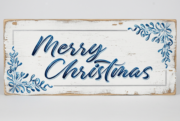 Targa Merry Christmas su legno grezzo nei toni blu, azzurro e argento