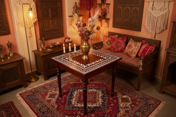 Tavolo mogano ambiente boho indiano