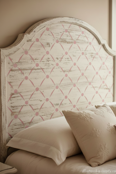 Testata letto shabby chic con stencil rosa