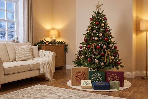 Vista ampia del salotto natalizio con albero intero e scatole decorate con lo stencil